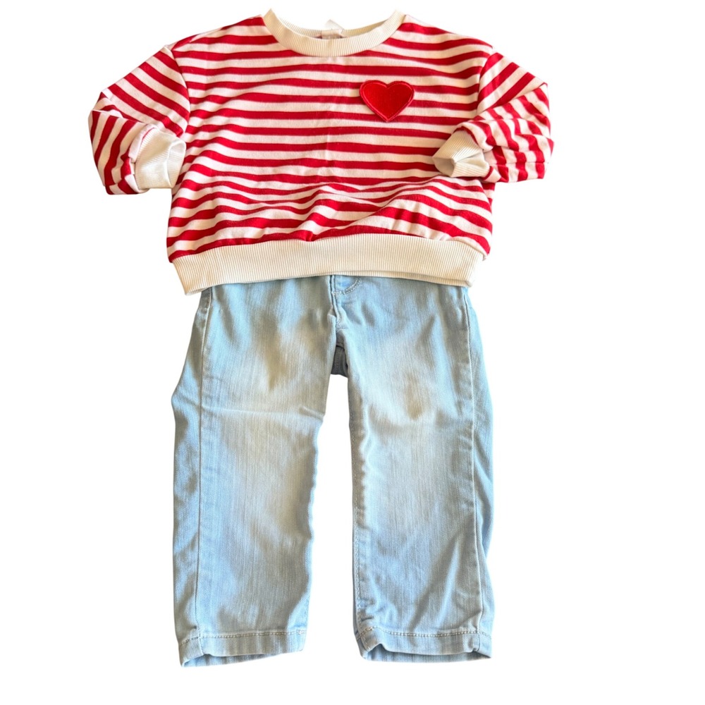 SHEIN Striped Heart Sweatshirt & Childrens Place Jeggings Set 12-24M